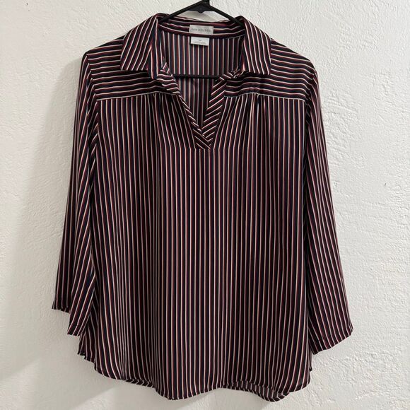 Van Heusen Navy Red White Pinstripe Collared V-Neck Blouse M - Picture 1 of 5